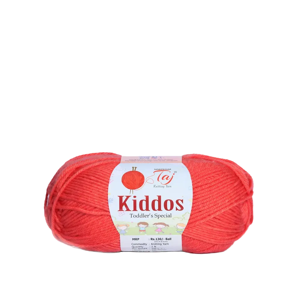 A skein of bright coral-red yarn with a white paper label reading 'Kiddos Toddler's Special'