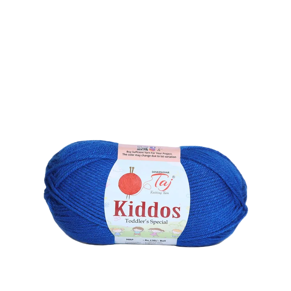 A skein of royal blue yarn with a white paper label reading 'Kiddos Toddler's Special'