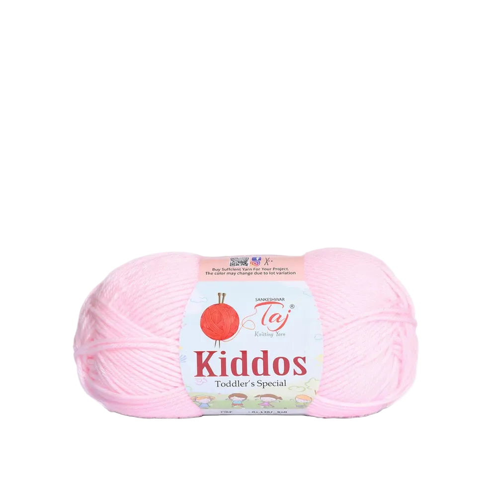 A ball of light pink yarn with a paper label reading 'Kiddos Toddler's Special'