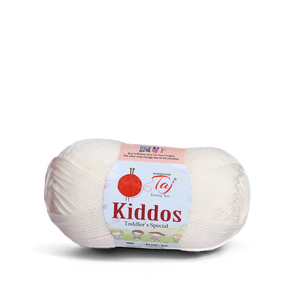 A skein of Taj Kiddos Toddler's Special knitting yarn in a soft off-white color