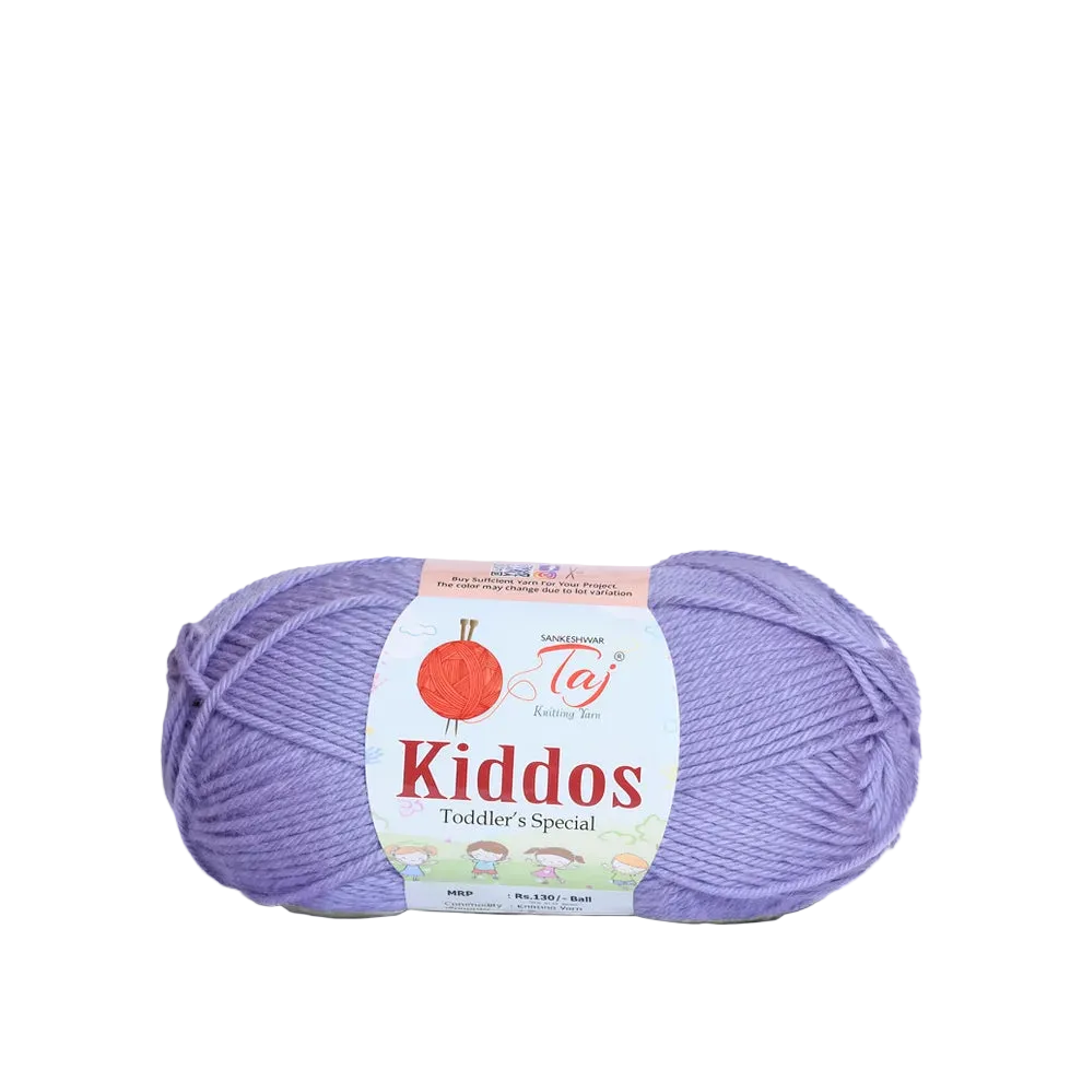 A single skein of lavender purple yarn with a white paper label reading 'Kiddos Toddler's Special'