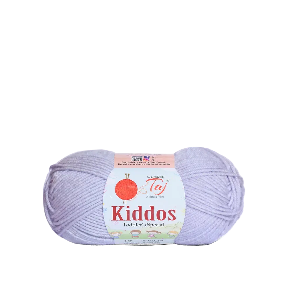 A skein of lavender-colored yarn with a paper label reading 'Kiddos Toddler's Special'
