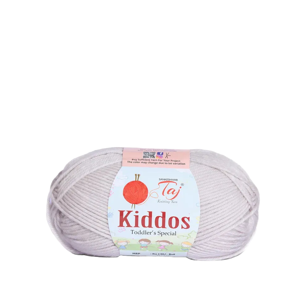 A skein of light lavender yarn with a paper label reading 'Kiddos Toddler's Special'