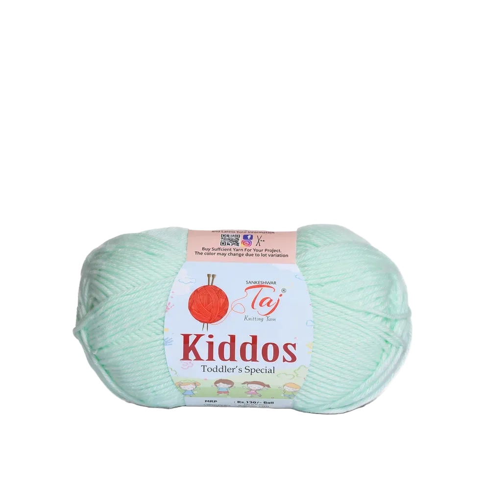 A skein of light mint green yarn with a paper label reading 'Kiddos Toddler's Special' 