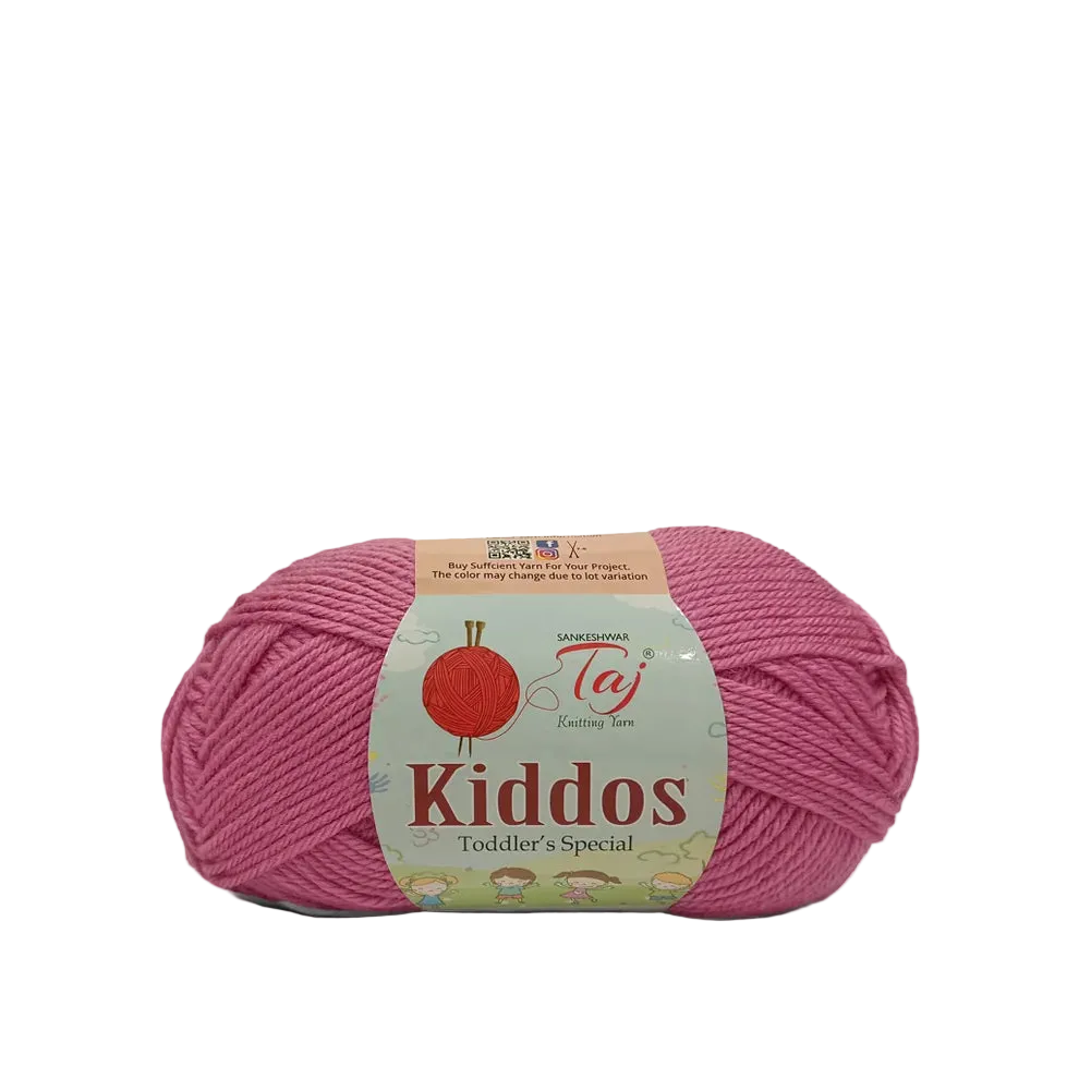 A skein of pink yarn with a paper label reading 'Kiddos Toddler's Special' and 'Gandhian Taj Knitting Yarn