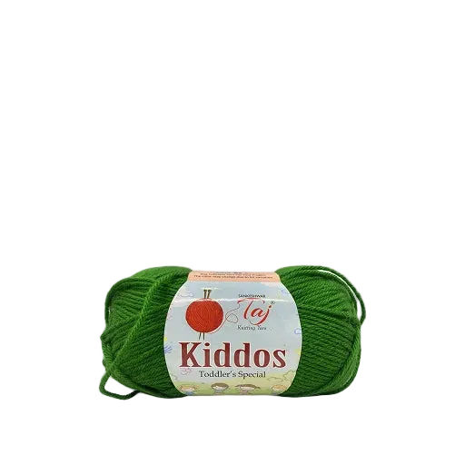 A skein of bright green yarn with a paper label reading 'Kiddos Toddler's Special' 