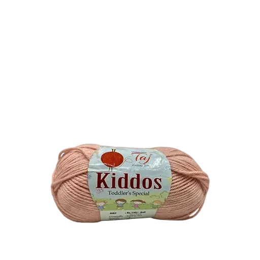 A skein of peach-colored yarn with a paper label reading 'Kiddos Toddler's Special'