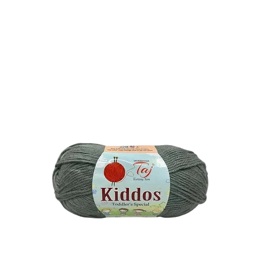 A skein of dark gray yarn with a paper label reading 'Kiddos Toddler's Special'