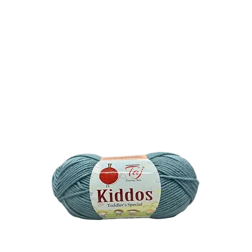 A skein of teal blue yarn with a white paper label reading 'Kiddos Toddler's special' 