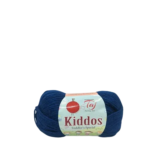A skein of Taj Kiddos Toddler's Special yarn in a deep navy blue color, featuring its original paper label.