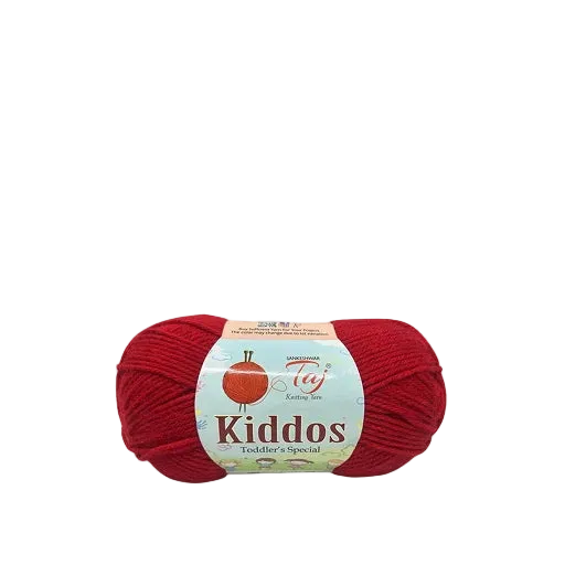 A skein of red yarn with a light blue and orange label reading 'Kiddos Toddler's Special'