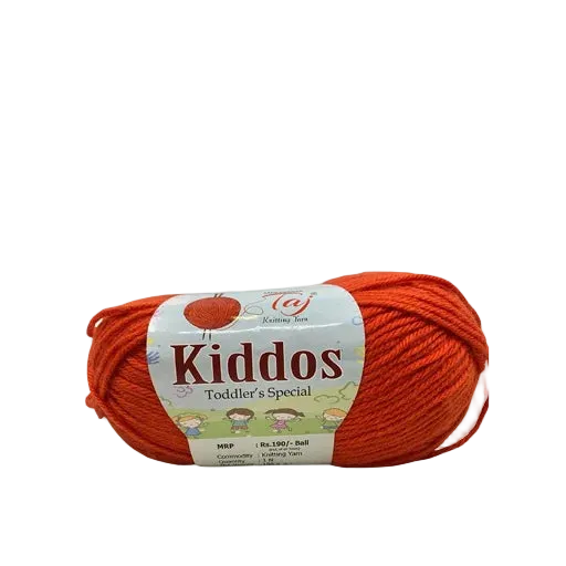 A skein of bright orange-red yarn with a paper label reading 'Kiddos Toddler's Special'