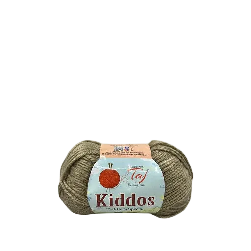 A skein of Kidos Toddler's Special yarn in a muted taupe-brown color