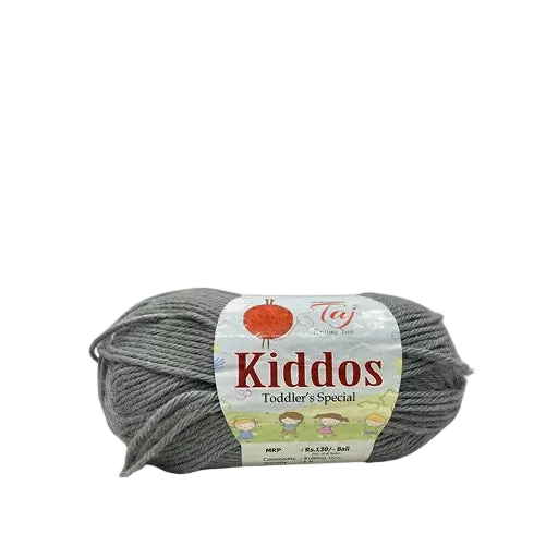 A skein of gray yarn with a paper label reading 'Kiddos Toddler's Special' on a plain white background.