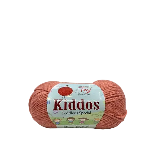 A skein of Kiddos Toddler's Special yarn in a dusty coral pink color