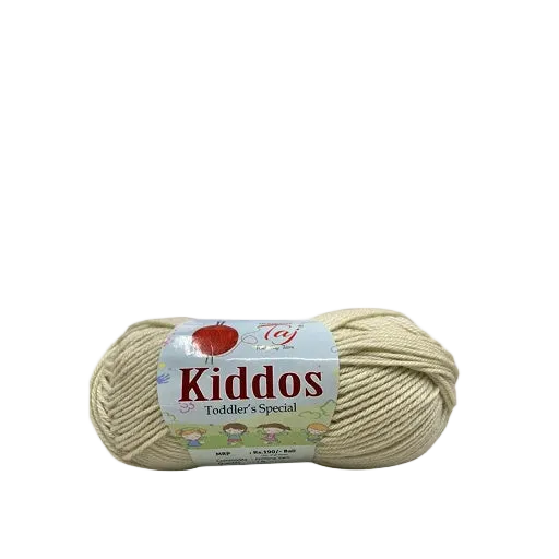 A skein of Kiddos Toddler's Special yarn in a light cream color