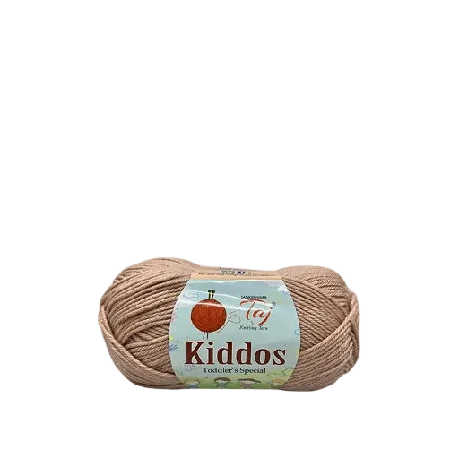 A skein of Kiddos Toddler & Special yarn in a light tan color