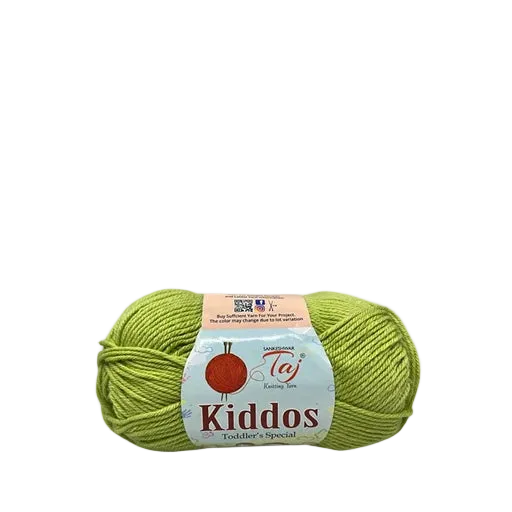 A skein of light green yarn with a white and blue paper label reading 'Kiddos Toddler's special'