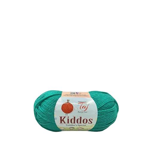 A skein of teal green yarn with a white paper label reading 'Kiddos' and 'Toddler's Special'