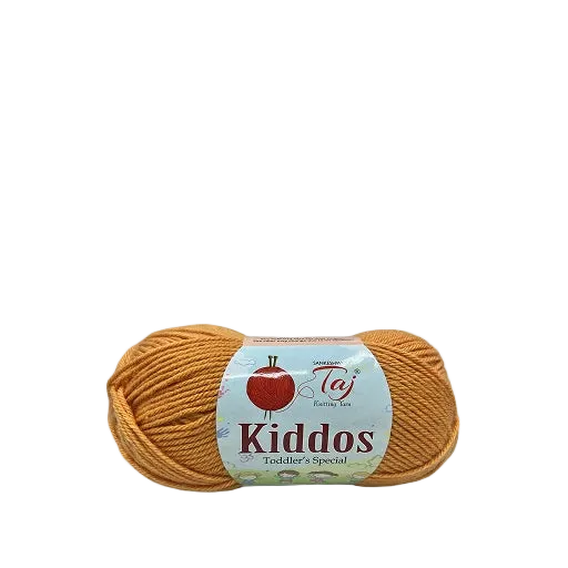 A skein of mustard yellow yarn with a light blue paper label reading 'Kiddos Toddler's Special'