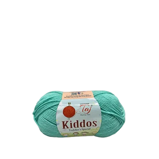 A single skein of Taj Kiddos Toddler's Special yarn in a light mint green color