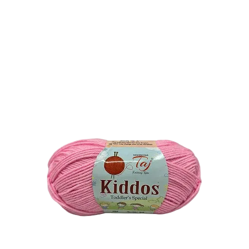 A single skein of pink yarn with a paper label reading 'Kiddos Toddler's Special'