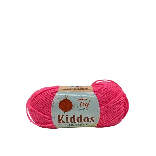 A skein of bright pink yarn with a paper label reading 'Kiddos Toddler & Special'