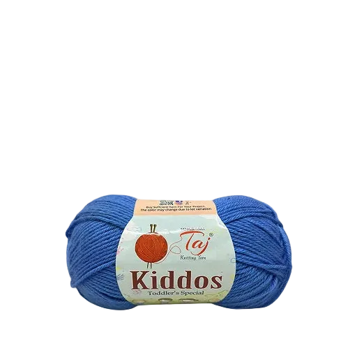 A skein of blue yarn with a paper label reading 'Taj Kidding Jam Kiddos Fodder's Special' on a plain white background.