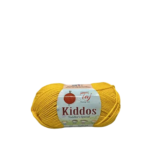 A skein of yellow yarn with a white paper label reading 'Kiddos Toddler's Special'