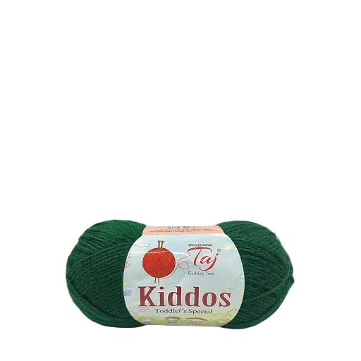 A skein of dark green yarn with a paper label reading 'Kiddos Toddler's Special'