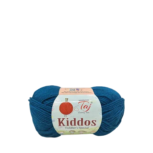 A skein of blue children's yarn with a paper label reading 'Kiddos Toddler's Special' 