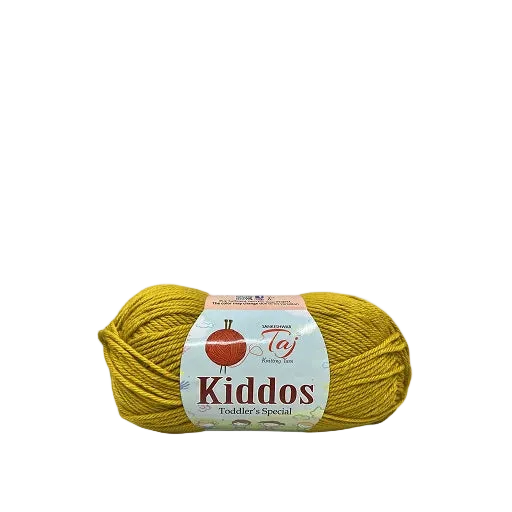 A skein of mustard yellow yarn with a white paper label reading 'Kiddos Toddler's Special' 