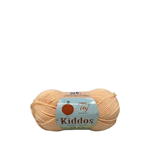 A skein of peach-colored yarn with a light blue and orange label reading 'Kiddos' 