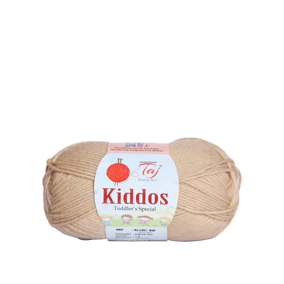 A skein of Taj Kiddos Toddler's Special yarn in a light beige color,