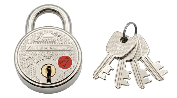 A silver metal padlock with a key attached