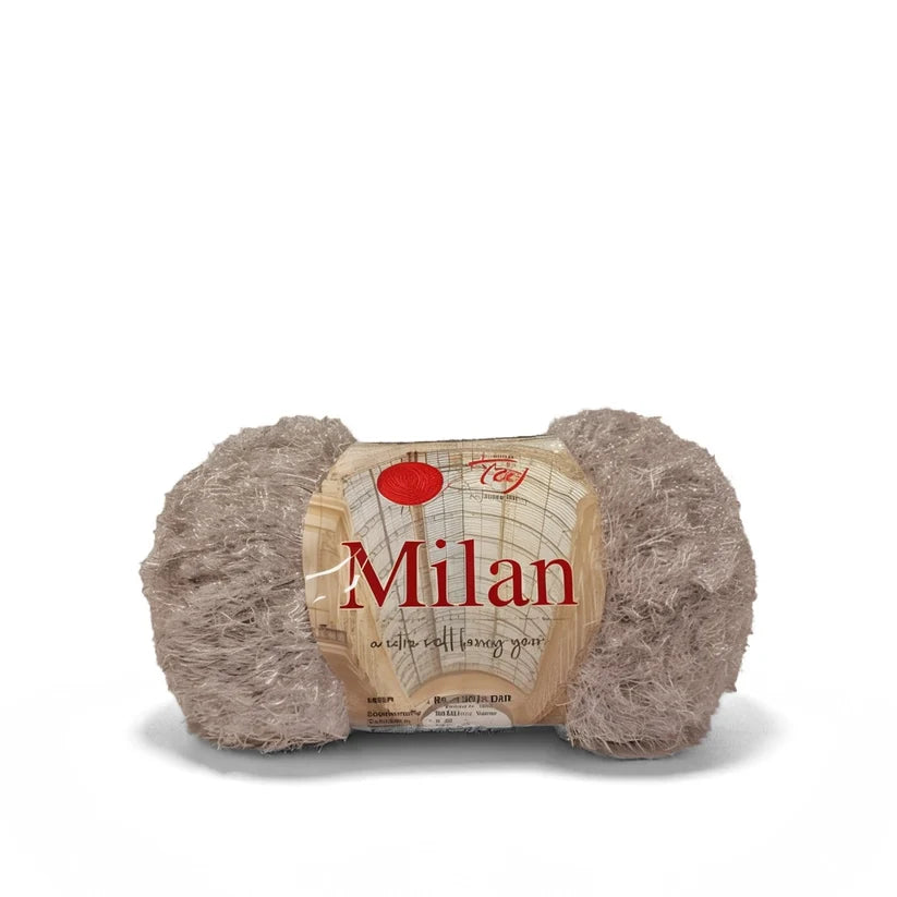A skein of textured wool yarn in a warm taupe-brown shade, wrapped with a paper label 