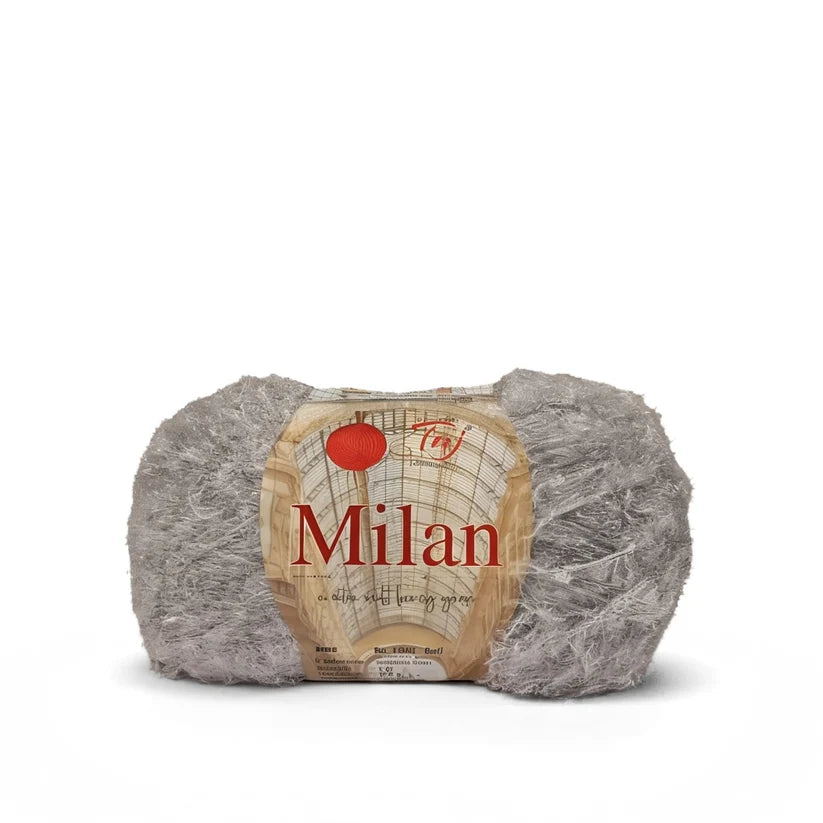 A single skein of gray yarn with a paper label wrapped around it,