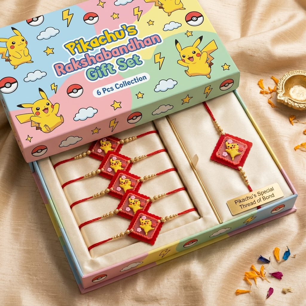 Pikachu-themed Rakhi gift set in a pastel-colored box.