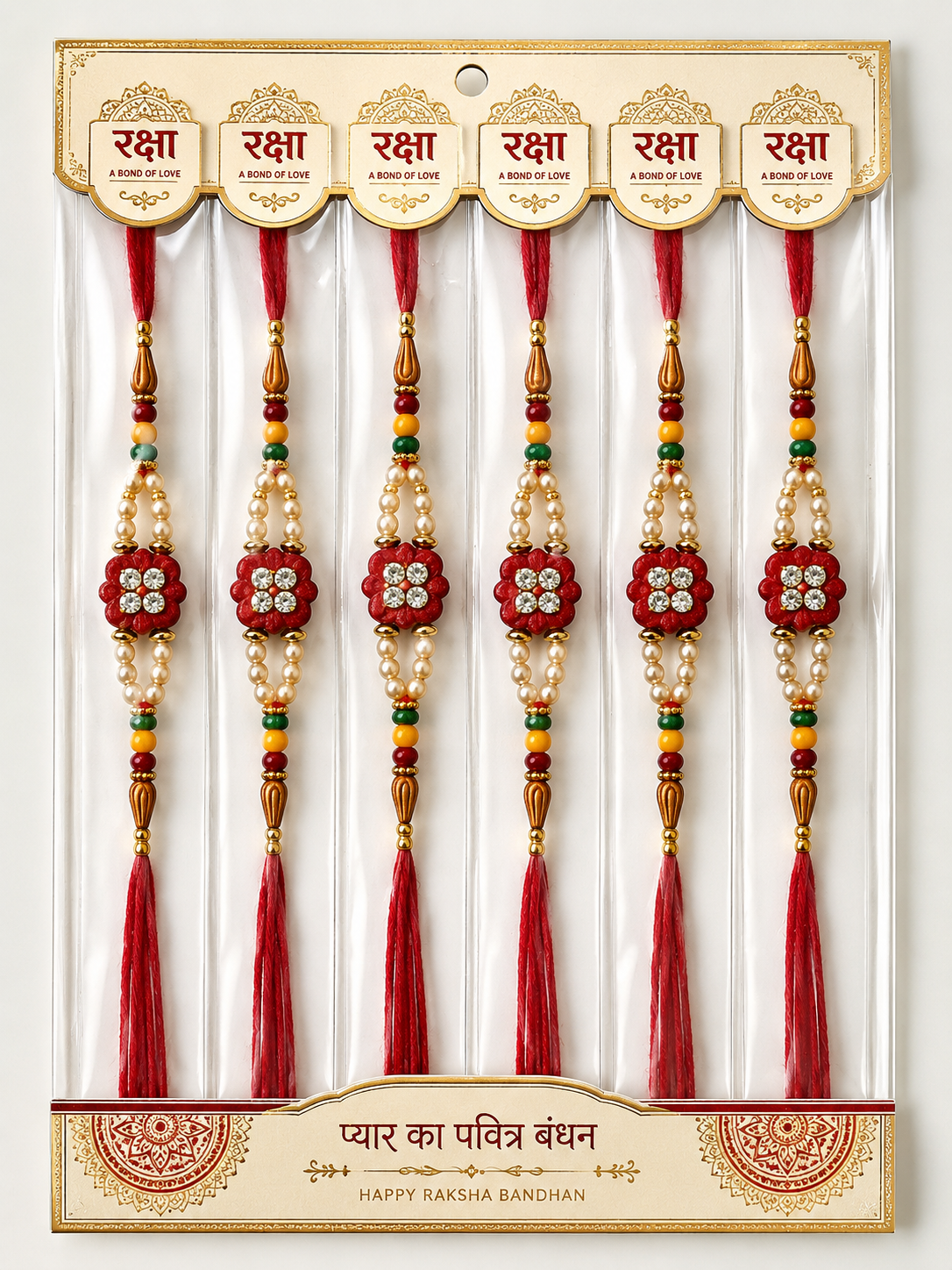 Six Rakhi thread bundles packaged in a clear plastic sleeve with a decorative cream and red cardboard backing.