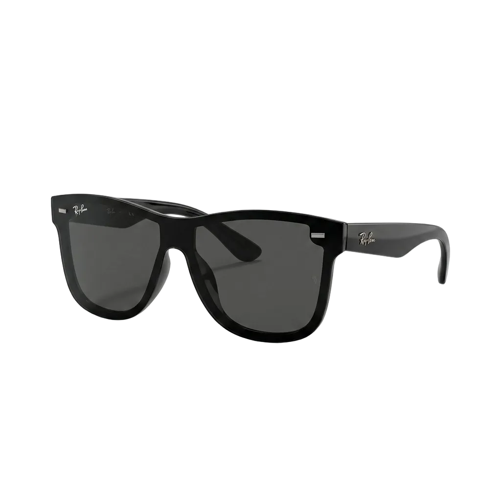 Ray-Ban Wayfarer sunglasses with a black acetate frame and dark gray lenses, shown at a three-quarter angle on a white background.