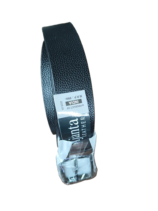 Black belt with a visible brand label on a wooden surface