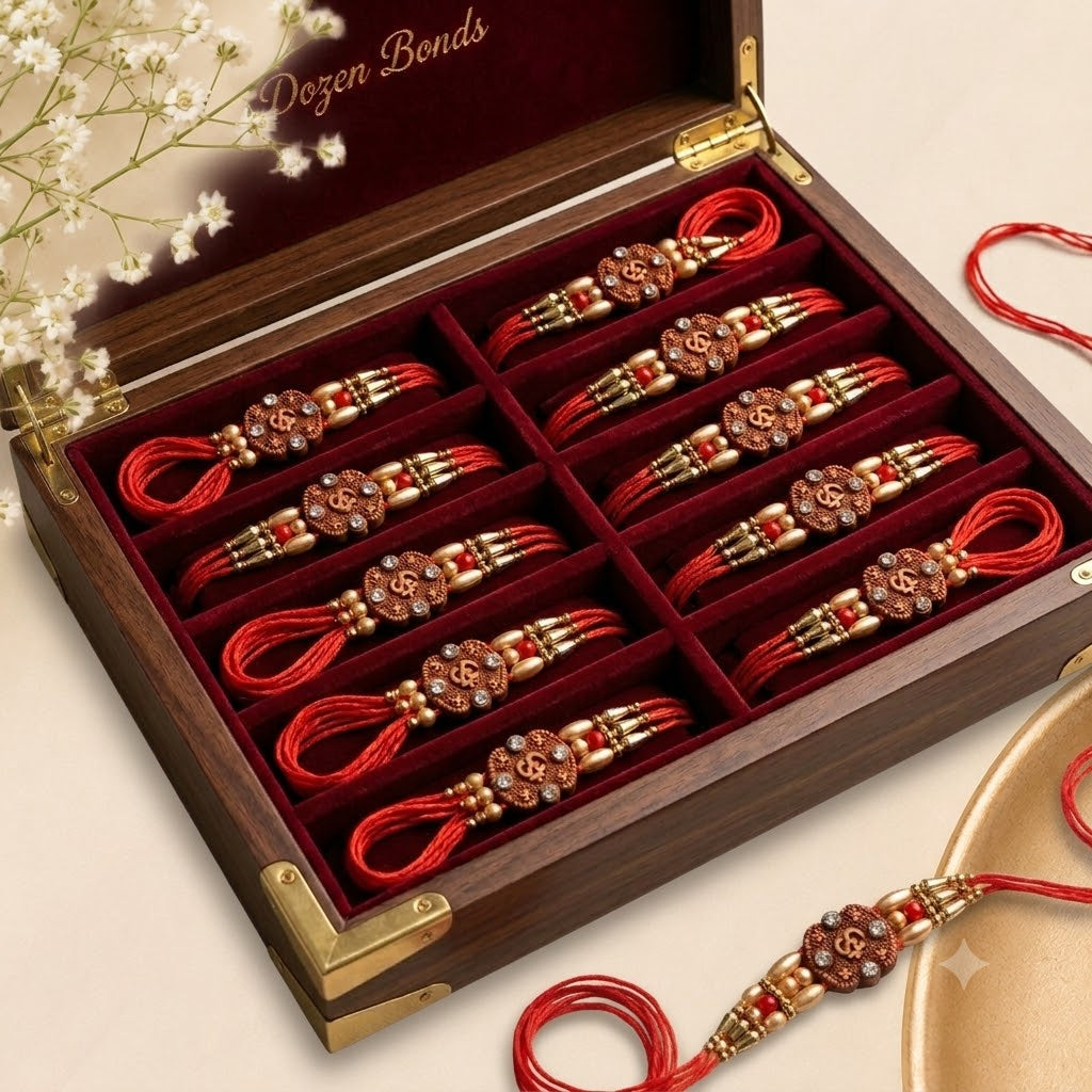 Traditional Om & Swastik Designer Rakhi Set of 12 with Premium Gift Box