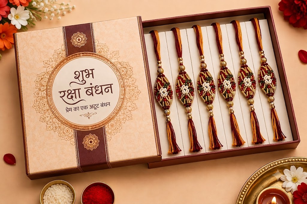 Luxury Designer Rakhi Gift Box – Half Dozen  | Premium Raksha Bandhan Collection