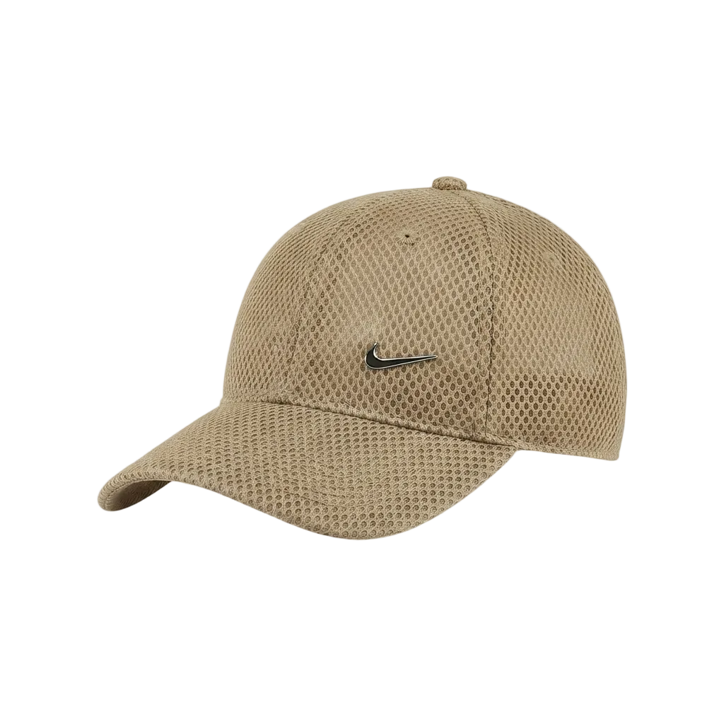 Premium Nike Beige Mesh Sports Cap with Metallic Swoosh Logo