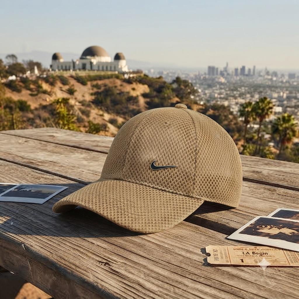 Premium Nike Beige Mesh Sports Cap with Metallic Swoosh Logo