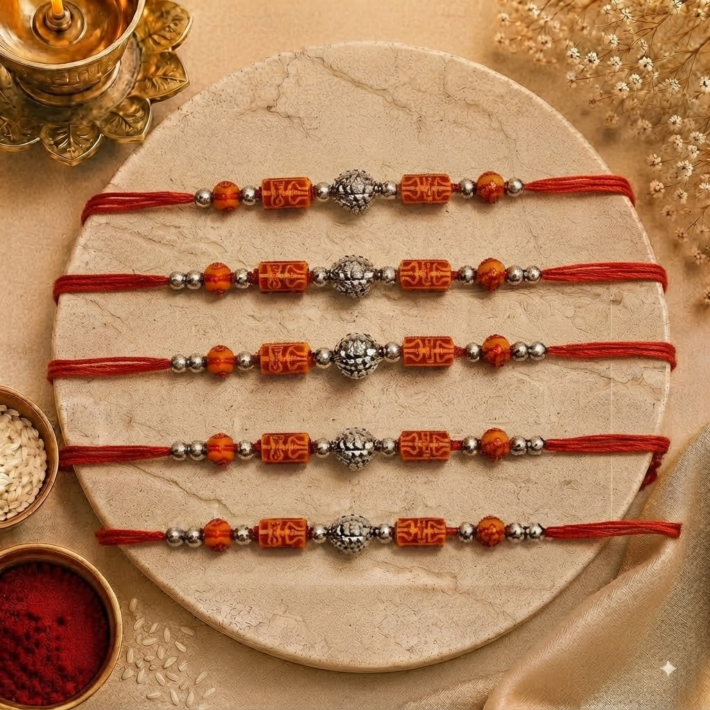 Premium Om Designer Rakhi with Silver Beads & Sacred Red Thread for Raksha Bandhan