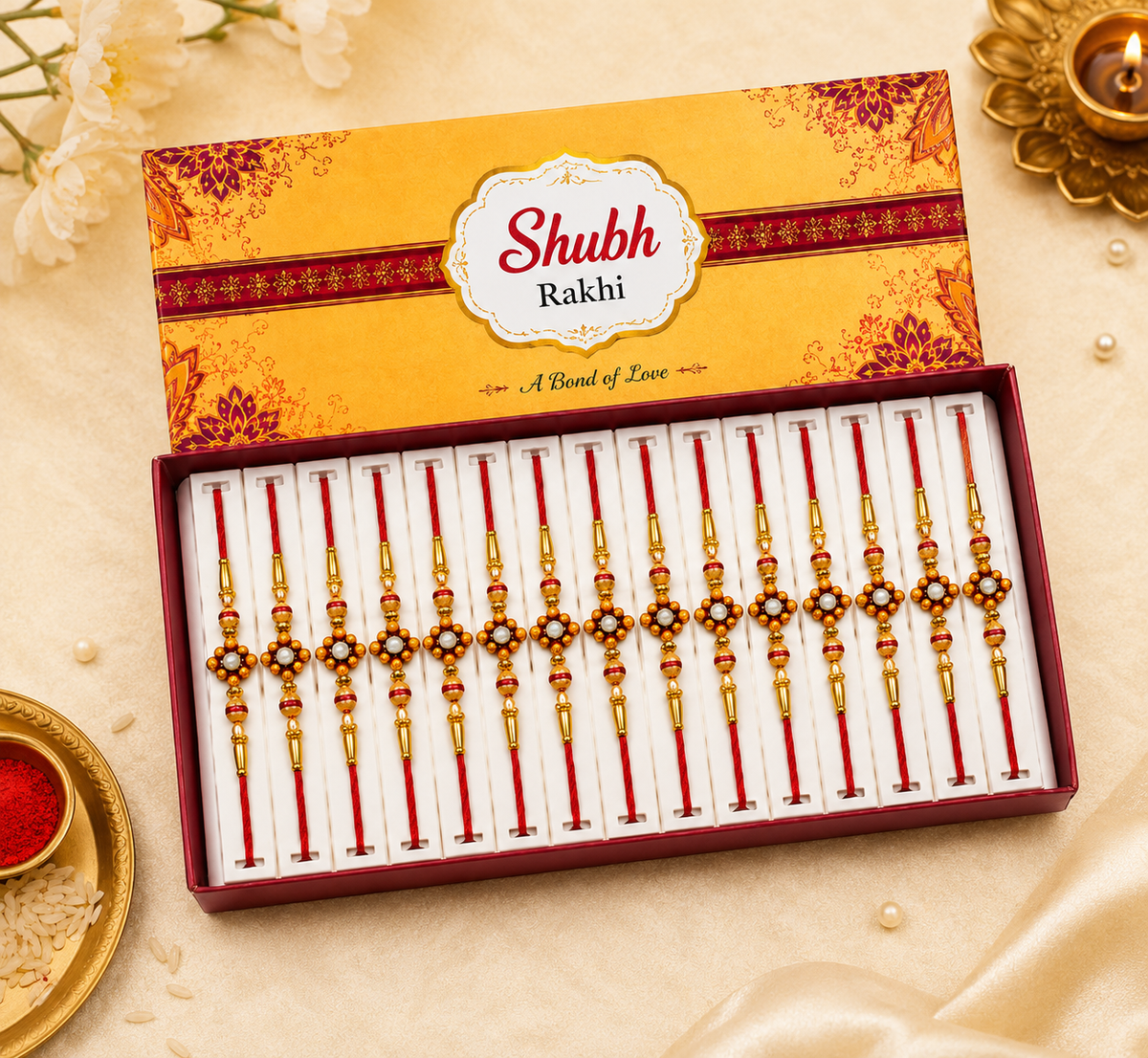Designer Beaded Rakhi with Golden Floral Charm | Red Thread
