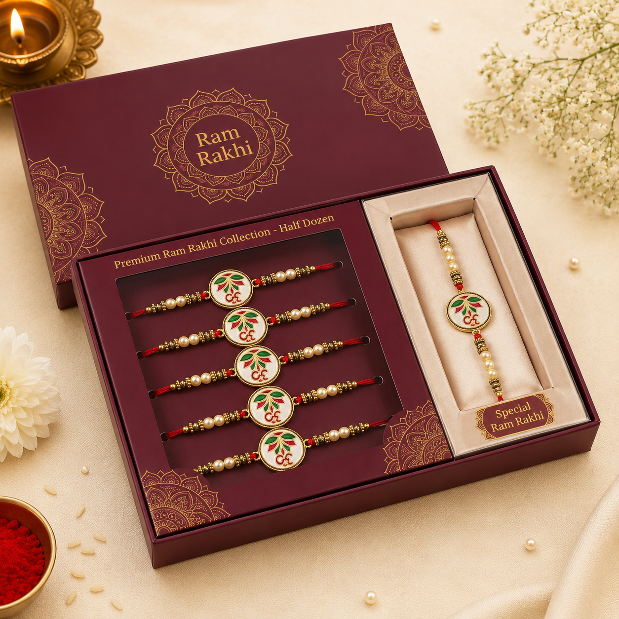 Elegant Ram Rakhi with Pearl Beads & Traditional Om Design Rakhi