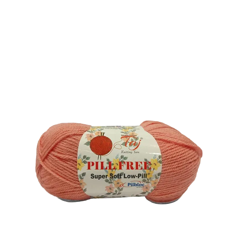 A skein of peach-colored Pilefree yarn with a floral paper label