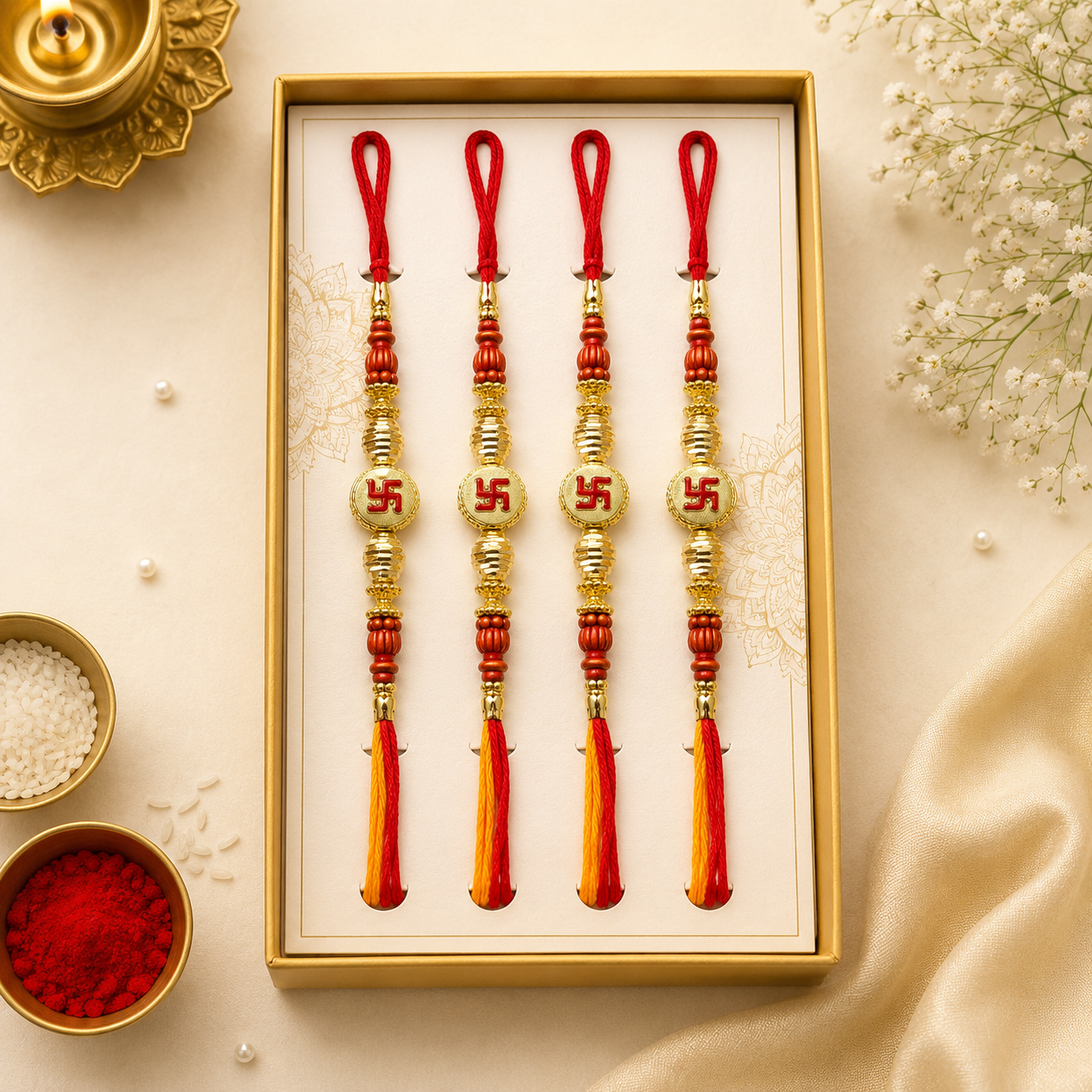 Traditional Red & Gold Swastik Rakhi for Brother